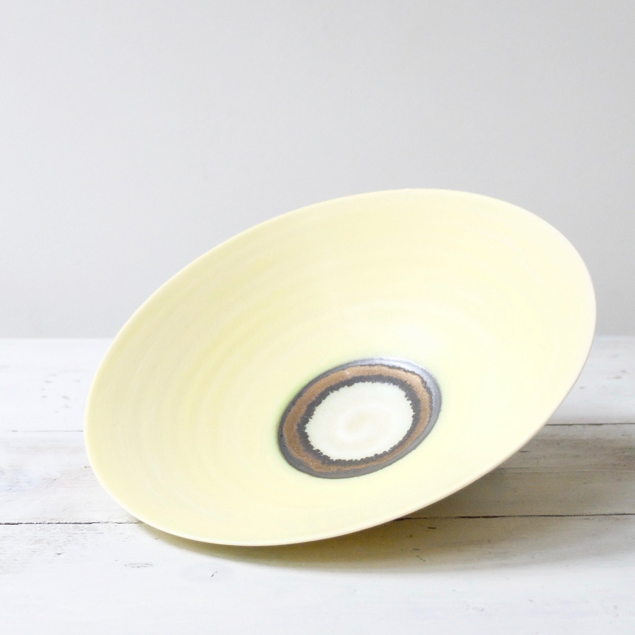 Peter Wills Shallow Yellow Porcelain Bowl with Bronze Band